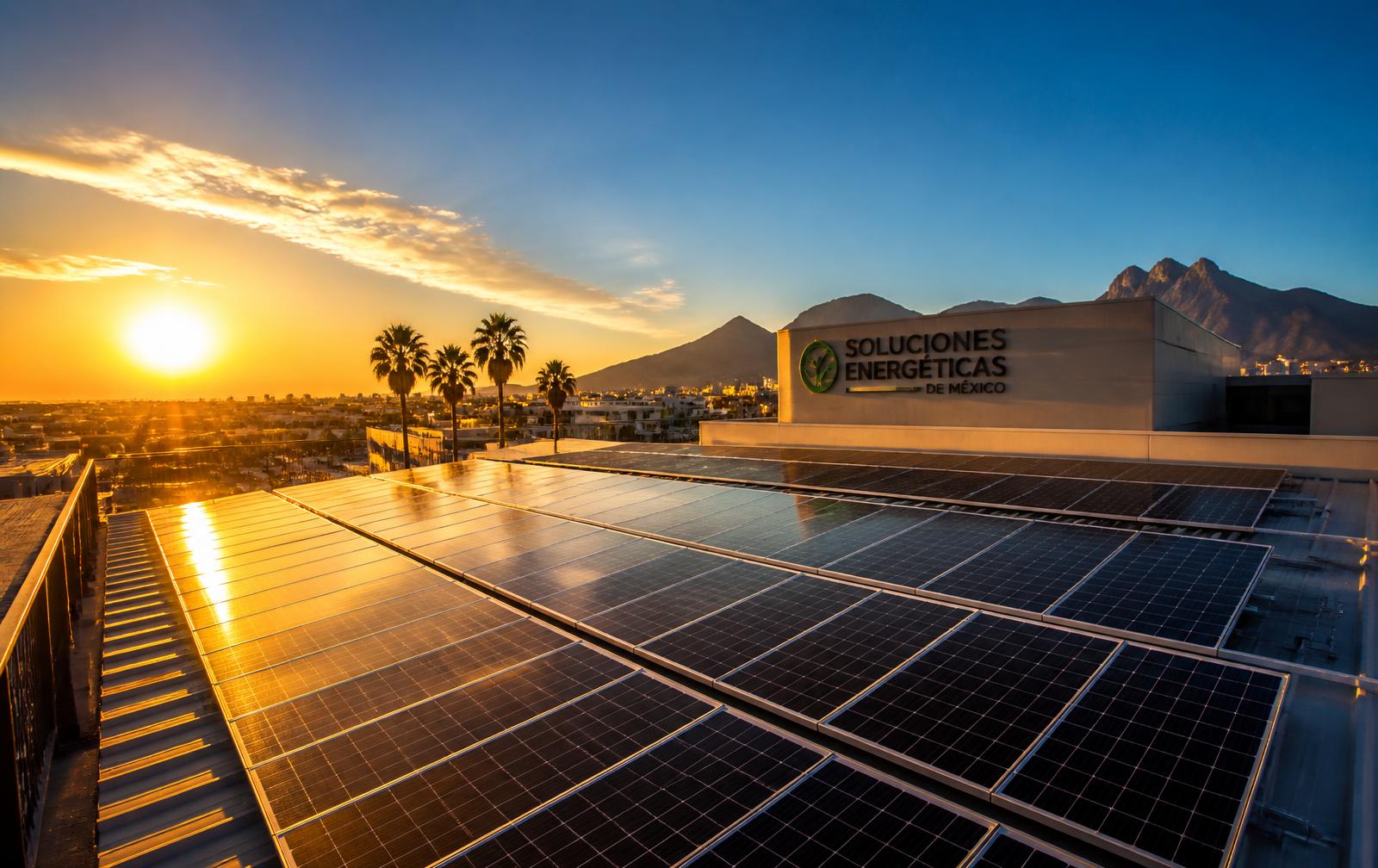 Paneles solares instalados en la azotea de un edificio en México al atardecer